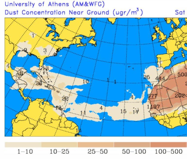 Sunday with less rain and a higher concentration of Saharan dust; sweltering heat